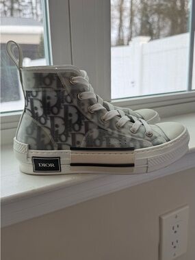 Dior B23 Oblique High Top Sneakers White Gray Logo Lace Up Size 36